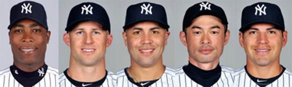 Yankees outfielders and designated hitters (L to R): Soriano, Gardner, Beltran, Ichiro, Ellsbury.