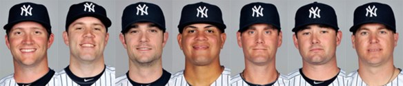 Yankees relief pitchers (L to R): Warren, Phelps, Robertson, Betances, Thornton, Claiborne, Kelley.