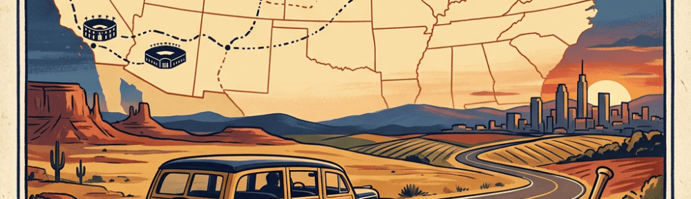 Vintage illustration of a baseball road trip across the United States